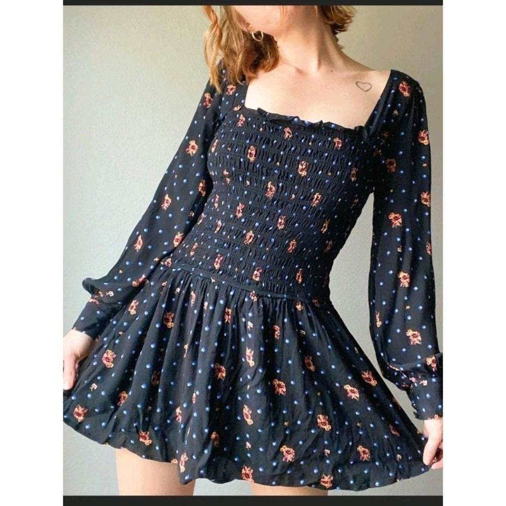 Free‎ People Mini Dress Two Face Black Floral Boho Chic Whimsigoth Romance Sz L